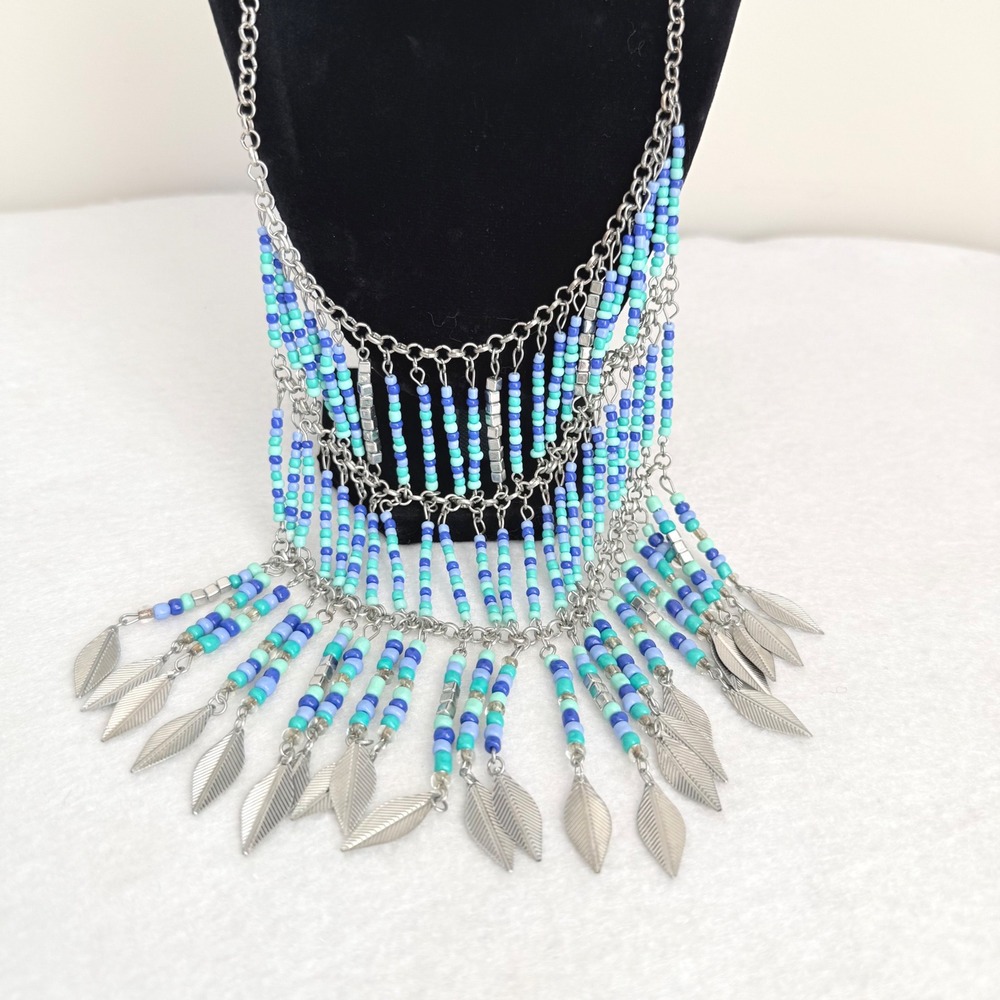 Ecclissi Bib Necklace Women Silver Blue Beaded Leaf Fringe Statement